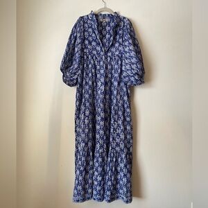 Blue Floral Block Printed Maxi Dress With Voluminous Sleeves